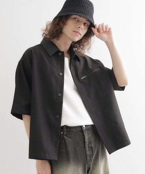 tk.TAKEO KIKUCHI(ティーケータケオキクチ)の「衿配色ワーカーシャツアウター(シャツ/ブラウス・メンズ・ブラック/ベージュ・02/03)」の1枚目の写真