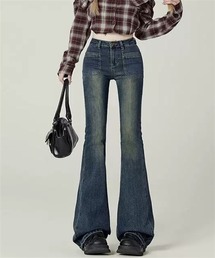 ハイウエスフレアデニムパンツ ストレッチパンツ