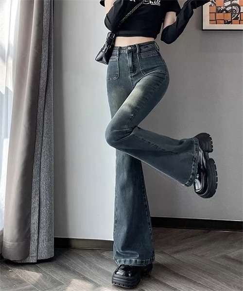 Dream garden(ドリームガーデン)の「ハイウエスフレアデニムパンツ ストレッチパンツ(デニムパンツ・レディース・ダークブルー・S/M/2XL/XS/L/XL)」の8枚目の写真