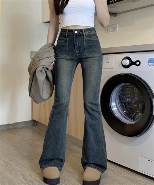 Dream garden(ドリームガーデン)の「ハイウエスフレアデニムパンツ ストレッチパンツ(デニムパンツ・レディース・ダークブルー・S/M/2XL/XS/L/XL)」の3枚目の写真