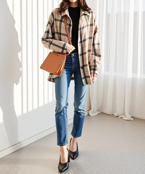 cammie(キャミー)の「チェックオーバーサイズ起毛シャツ(シャツ/ブラウス・レディース・ベージュ/ブルー・LARGE/MEDIUM)」の6枚目の写真