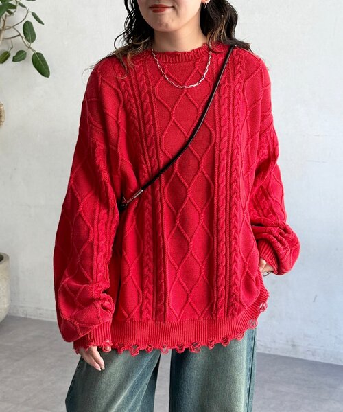 CPCM（シーピーシーエム）の「ピグメントケーブルダメージニット（ニット/セーター・レディース・グリーン/レッド/ブルー/ブラック・FREE）」の2枚目の写真