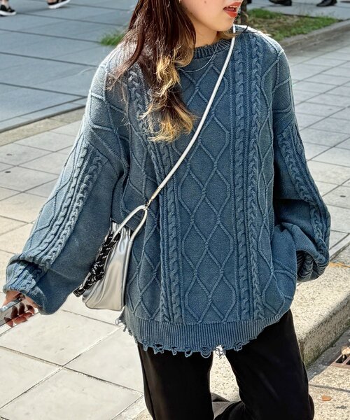 CPCM（シーピーシーエム）の「ピグメントケーブルダメージニット（ニット/セーター・レディース・グリーン/レッド/ブルー/ブラック・FREE）」の4枚目の写真