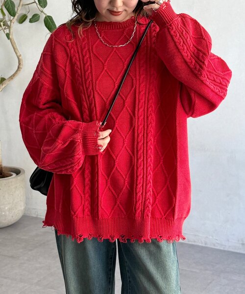 CPCM（シーピーシーエム）の「ピグメントケーブルダメージニット（ニット/セーター・レディース・グリーン/レッド/ブルー/ブラック・FREE）」の7枚目の写真