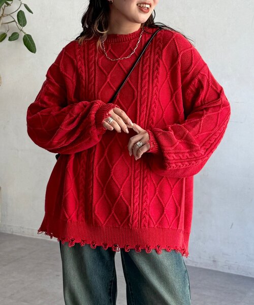 CPCM（シーピーシーエム）の「ピグメントケーブルダメージニット（ニット/セーター・レディース・グリーン/レッド/ブルー/ブラック・FREE）」の12枚目の写真