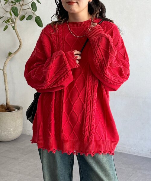 CPCM（シーピーシーエム）の「ピグメントケーブルダメージニット（ニット/セーター・レディース・グリーン/レッド/ブルー/ブラック・FREE）」の13枚目の写真