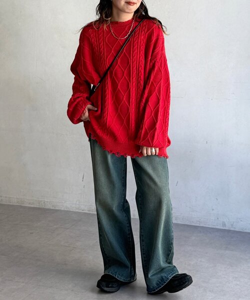 CPCM（シーピーシーエム）の「ピグメントケーブルダメージニット（ニット/セーター・レディース・グリーン/レッド/ブルー/ブラック・FREE）」の14枚目の写真