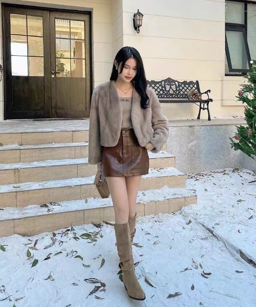 セール】短丈ノーカラーフェイクファージャケット（ブルゾン）｜H