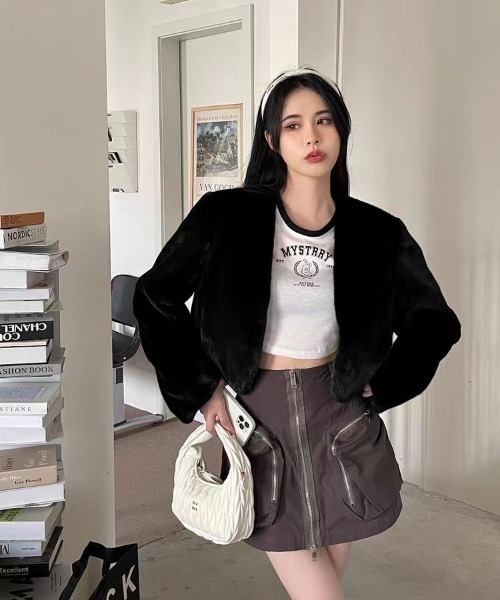 セール】短丈ノーカラーフェイクファージャケット（ブルゾン）｜H