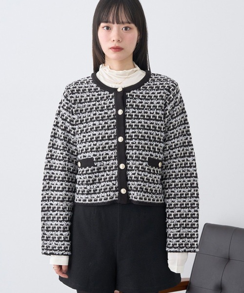 earth music&ecology（アースミュージックアンドエコロジー）の「ニットツイードジャケット（ブルゾン・レディース・アイボリー/ブラック・FREE）」の3枚目の写真