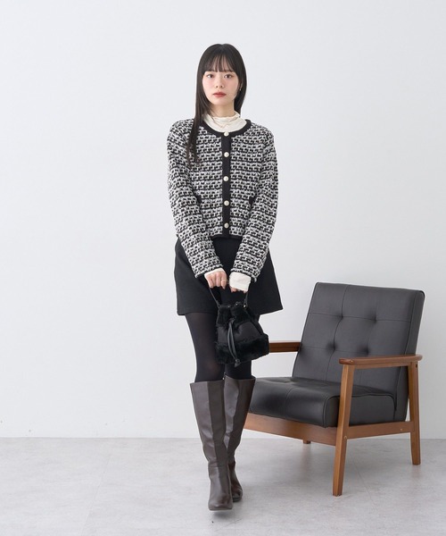 earth music&ecology（アースミュージックアンドエコロジー）の「ニットツイードジャケット（ブルゾン・レディース・アイボリー/ブラック・FREE）」の5枚目の写真