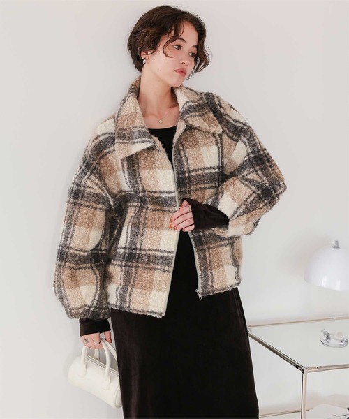 セール】チェックボアショートジャケット/アウター（ダウンジャケット