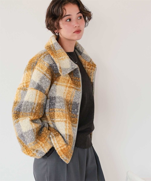 セール】チェックボアショートジャケット/アウター（ダウンジャケット