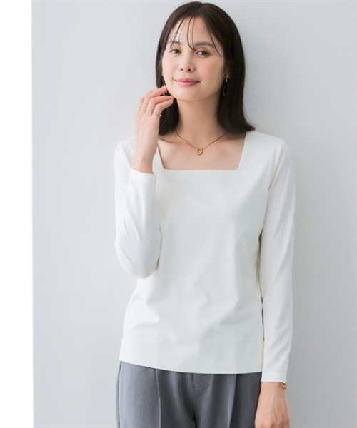 7days Life Styling(セブンデイズライフスタイリング)の「透け対策シルケット加工ダブルフロントスクエアネック長袖トップス<大きいサイズ有>(Tシャツ/カットソー・レディース・オフホワイト/ブラック・M/L/LL/3L)」の1枚目の写真