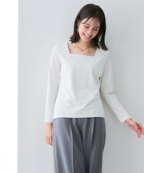 7days Life Styling(セブンデイズライフスタイリング)の「透け対策シルケット加工ダブルフロントスクエアネック長袖トップス<大きいサイズ有>(Tシャツ/カットソー・レディース・オフホワイト/ブラック・M/L/LL/3L)」の3枚目の写真