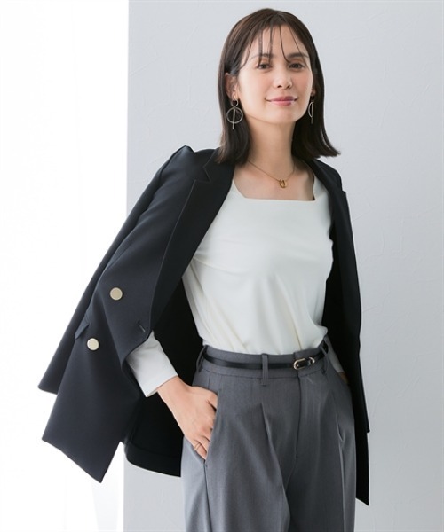 7days Life Styling(セブンデイズライフスタイリング)の「透け対策シルケット加工ダブルフロントスクエアネック長袖トップス<大きいサイズ有>(Tシャツ/カットソー・レディース・オフホワイト/ブラック・M/L/LL/3L)」の4枚目の写真