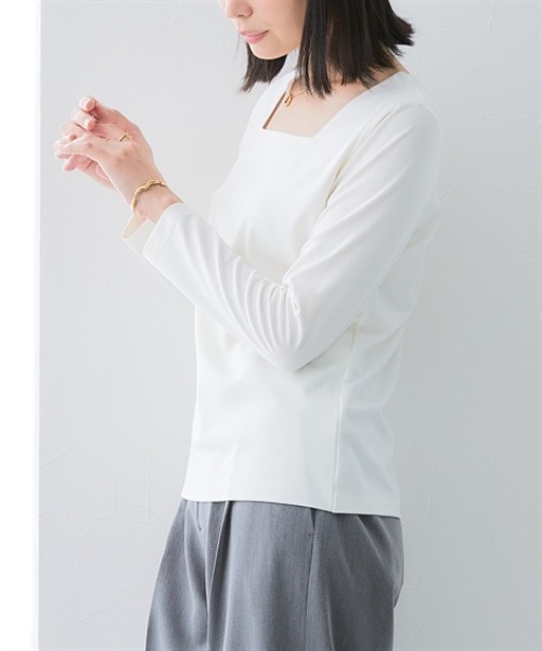 7days Life Styling(セブンデイズライフスタイリング)の「透け対策シルケット加工ダブルフロントスクエアネック長袖トップス<大きいサイズ有>(Tシャツ/カットソー・レディース・オフホワイト/ブラック・M/L/LL/3L)」の11枚目の写真