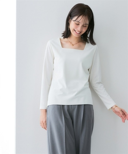 7days Life Styling（セブンデイズライフスタイリング）の「【選べる首元デザイン】透け対策　シルケット加工ダブルフロント長袖トップス（Tシャツ/カットソー・レディース・オフホワイト/ブラック・M/L/LL/3L）」の3枚目の写真