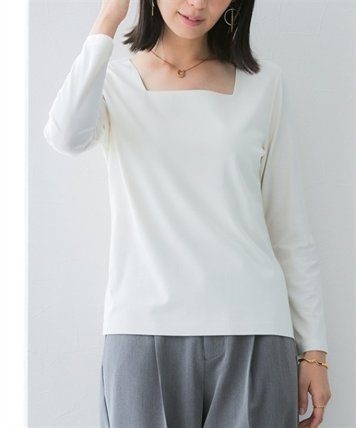 7days Life Styling（セブンデイズライフスタイリング）の「【選べる首元デザイン】透け対策　シルケット加工ダブルフロント長袖トップス（Tシャツ/カットソー・レディース・オフホワイト/ブラック・M/L/LL/3L）」の21枚目の写真