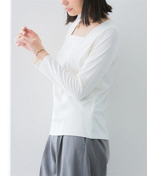 7days Life Styling（セブンデイズライフスタイリング）の「【選べる首元デザイン】透け対策　シルケット加工ダブルフロント長袖トップス（Tシャツ/カットソー・レディース・オフホワイト/ブラック・M/L/LL/3L）」の22枚目の写真