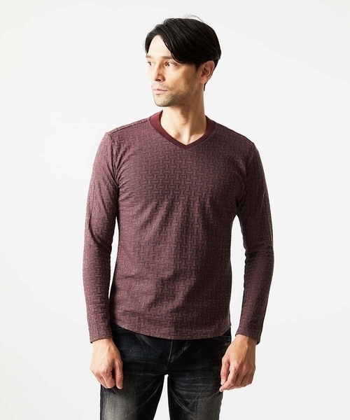 MICHEL KLEIN HOMME (ミッシェルクランオム)の「《日本製》レンガ柄Vネック長袖カットソー(Tシャツ/カットソー・メンズ・ライトグレー/レッド/ダークグレー・MEDIUM/LARGE/X-LARGE)」の3枚目の写真