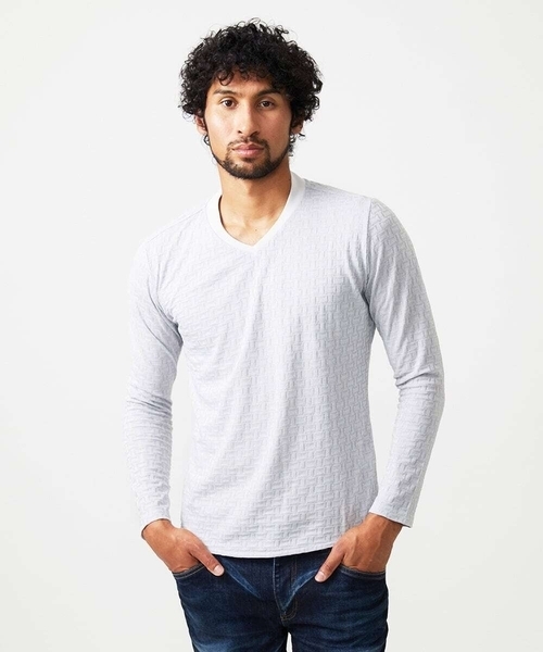 MICHEL KLEIN HOMME (ミッシェルクランオム)の「《日本製》レンガ柄Vネック長袖カットソー(Tシャツ/カットソー・メンズ・ライトグレー/レッド/ダークグレー・MEDIUM/LARGE/X-LARGE)」の1枚目の写真