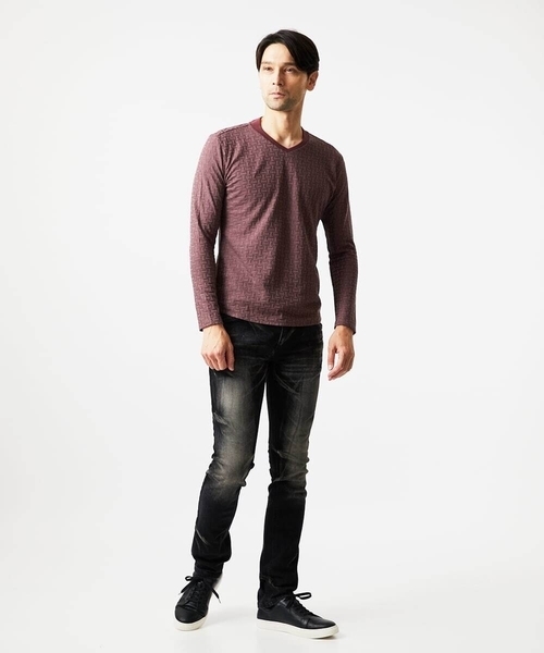 MICHEL KLEIN HOMME (ミッシェルクランオム)の「《日本製》レンガ柄Vネック長袖カットソー(Tシャツ/カットソー・メンズ・ライトグレー/レッド/ダークグレー・MEDIUM/LARGE/X-LARGE)」の4枚目の写真