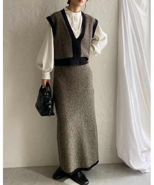 セール】ミックスカラー配色ループヤーン深vネックニットベスト