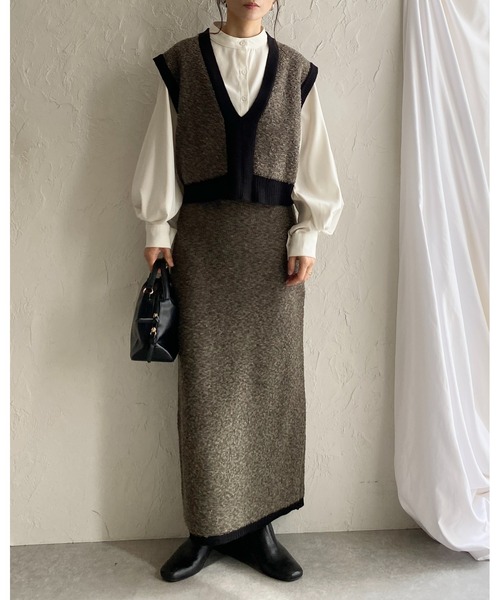 セール】ミックスカラー配色ループヤーン深vネックニットベスト