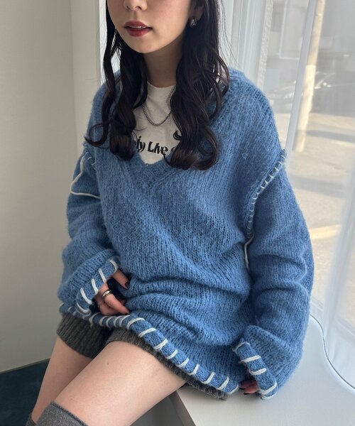 Kastane（カスタネ）の「【S.Mサイズ展開】ブラインドステッチニット（ニット/セーター・レディース・ピンク/アイボリー/ブルー・SMALL/MEDIUM）」の6枚目の写真