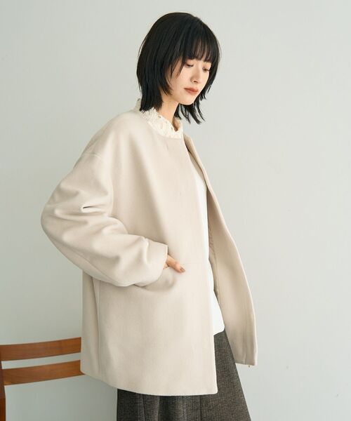 セール】【国産ウール使用】ノーカラーミドル丈ウールコート（ノー