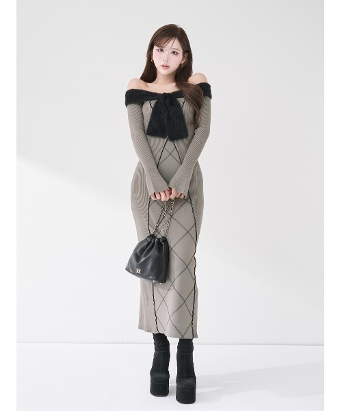 Darich ダーリッチ リボンステッチニットロングワンピース GRY リボンステッチニットロングワンピース（ワンピース）｜Darich