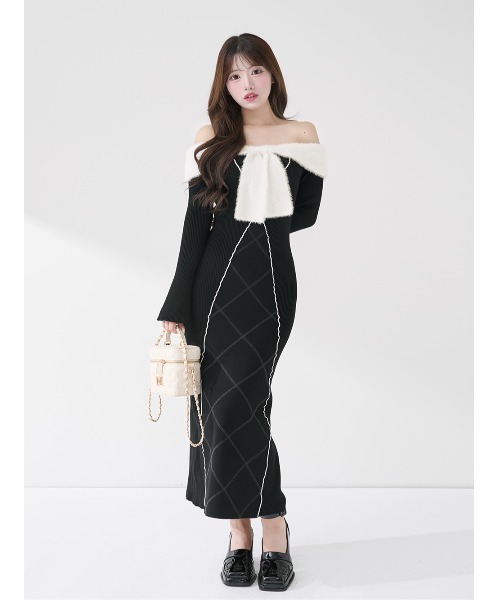 リボンステッチニットロングワンピース（ワンピース）｜Darich