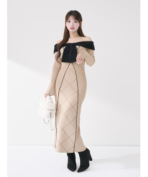 リボンステッチニットロングワンピース（ワンピース）｜Darich