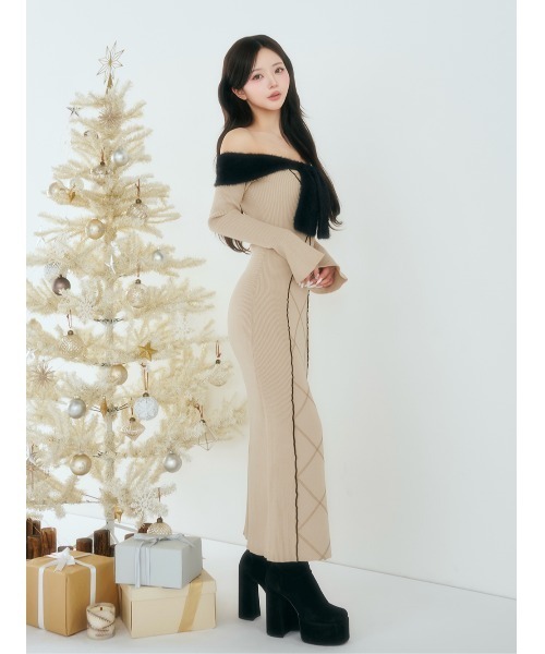 リボンステッチニットロングワンピース（ワンピース）｜Darich