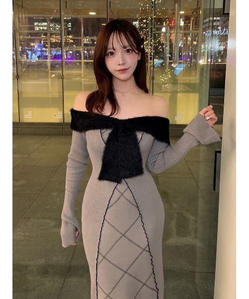 リボンステッチニットロングワンピース（ワンピース）｜Darich