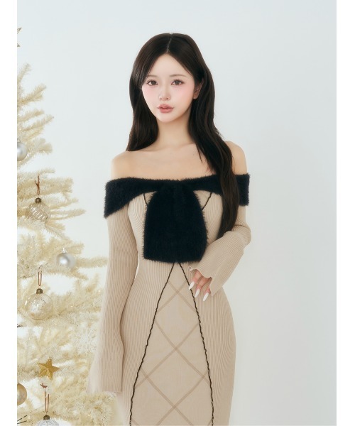 リボンステッチニットロングワンピース（ワンピース）｜Darich