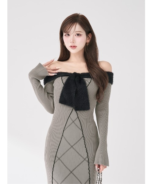 Darich ダーリッチ リボンステッチニットロングワンピース GRY リボンステッチニットロングワンピース（ワンピース）｜Darich