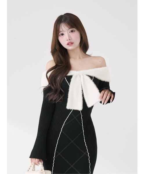 リボンステッチニットロングワンピース（ワンピース）｜Darich