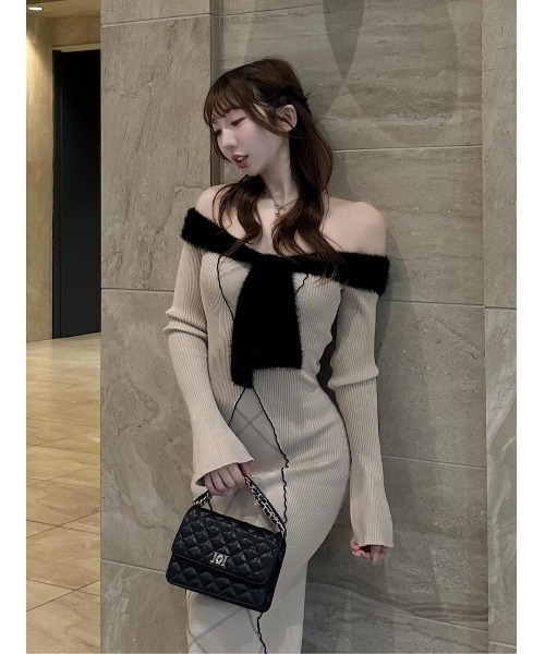 darich リボンステッチニットロングワンピース ブラック free ダーリッチ Darich リボンステッチニットロングワンピース （ブラック