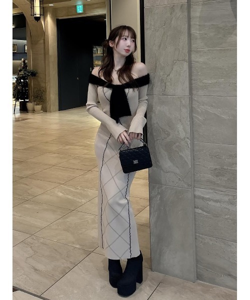 Darich ダーリッチ リボンステッチニットロングワンピース GRY リボンステッチニットロングワンピース（ワンピース）｜Darich