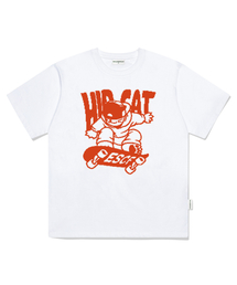 オレンジヒップキャットスケートボードプリントオーバーサイズ半袖Tシャツホワイト