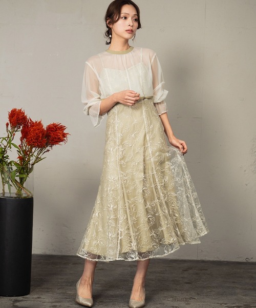 girl オケージョンドレス　2L カーキ　セットアップ　シースルー　ジレ　LL girl（ガール）の「ダブルリボンボレロセットドレス 2WAY 結婚式