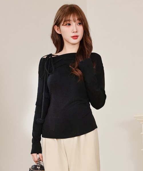 Anely(アネリー)の「リボン ストラップ ワンショルダー ニット トップス(ニット/セーター・レディース・ピンク/ブラック・FREE)」の6枚目の写真