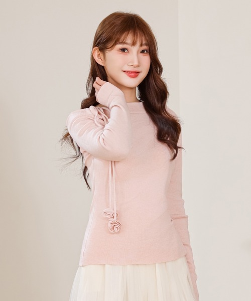 Anely(アネリー)の「リボン ストラップ ワンショルダー ニット トップス(ニット/セーター・レディース・ピンク/ブラック・FREE)」の12枚目の写真