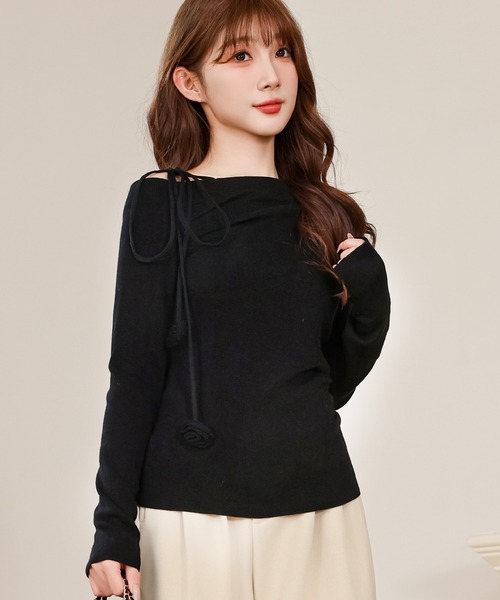 Anely(アネリー)の「リボン ストラップ ワンショルダー ニット トップス(ニット/セーター・レディース・ピンク/ブラック・FREE)」の21枚目の写真