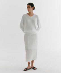 PLEATS CASUAL SATIN SKIRT_IVORY