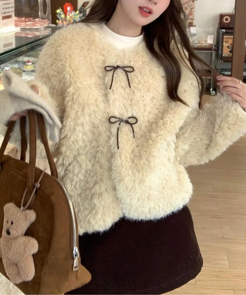 もこふわリボンディテールエコファージャケット（ムートンコート