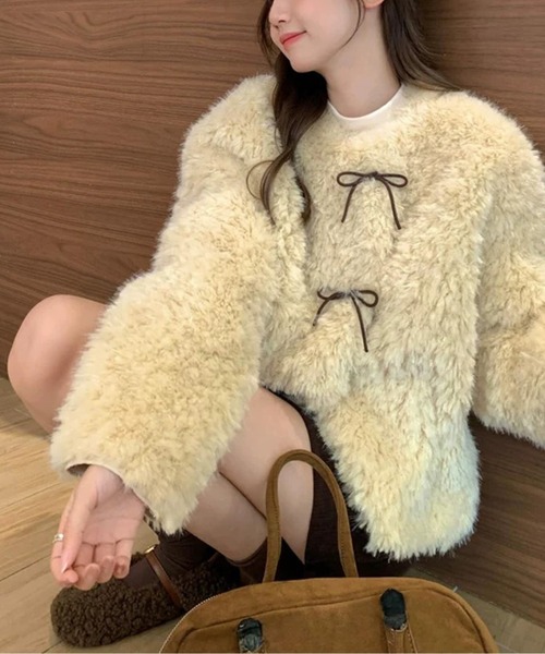 もこふわリボンディテールエコファージャケット（ムートンコート