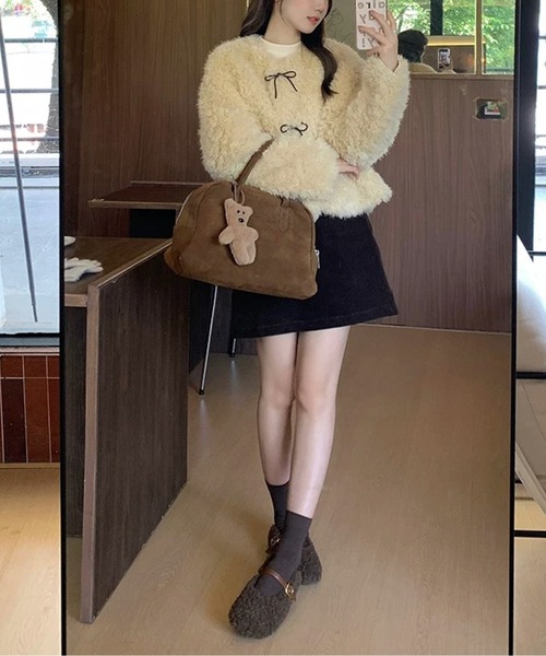 もこふわリボンディテールエコファージャケット（ムートンコート